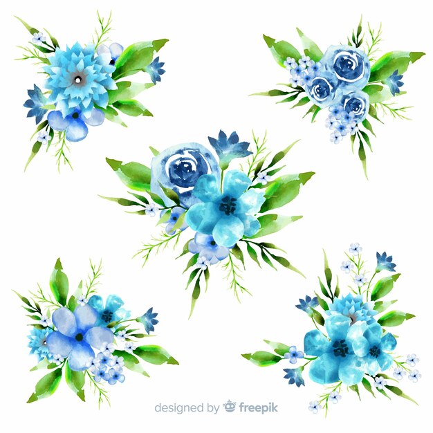 Watercolour floral bouquet collection on blue shades
