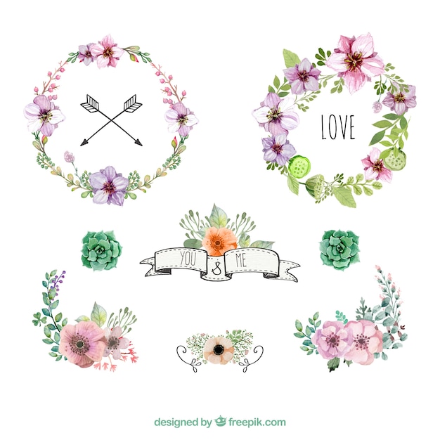 Watercolour floral wreath and decorations