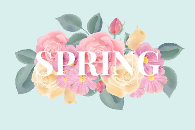 Watercolour flowers background with spring lettering