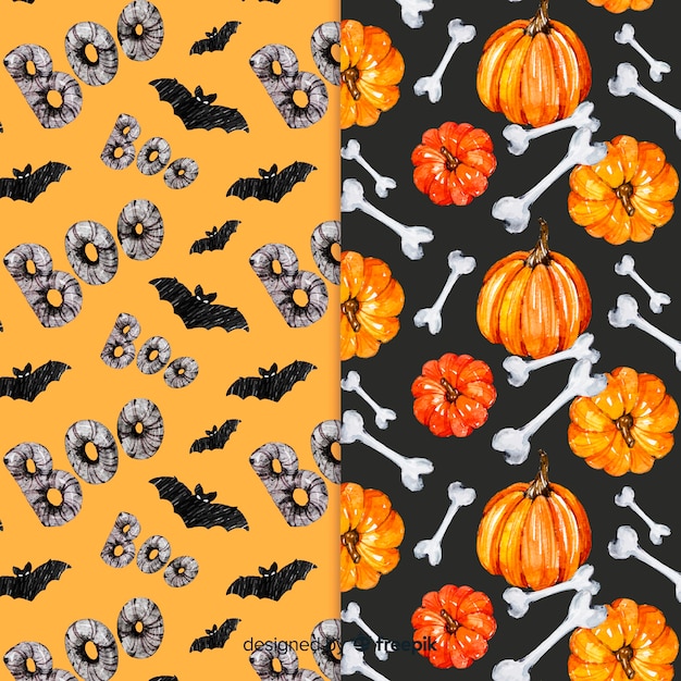 Free vector watercolour halloween bat and pumpkin seamless pattern collection