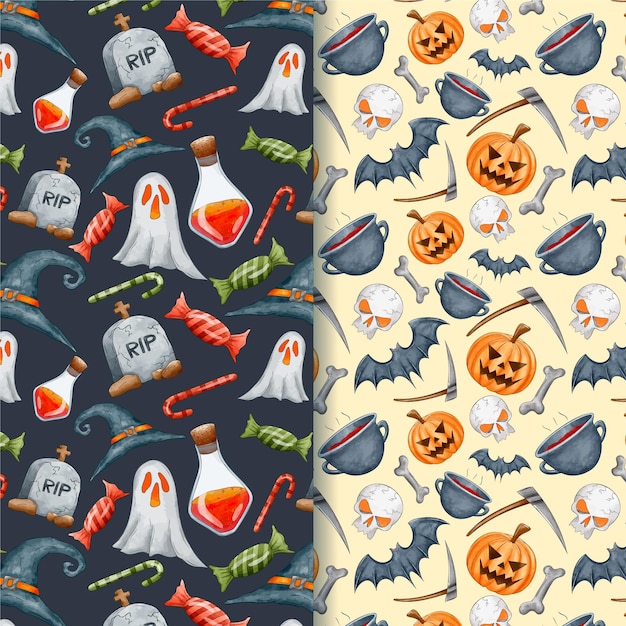 Watercolour halloween ghosts and pumpkins seamless patterns