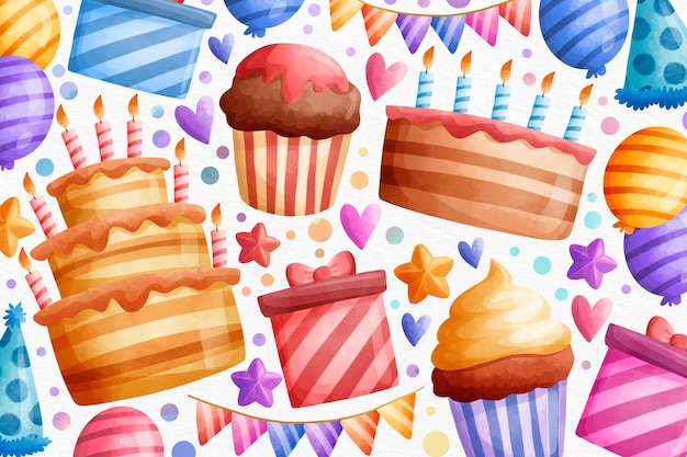 Watercolour happy birthday cupcakes and gifts