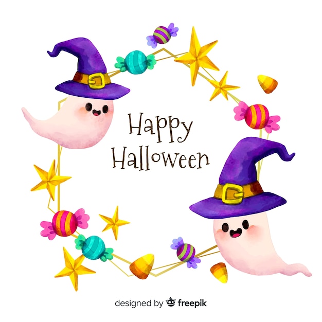 Watercolour happy halloween frame with ghosts Premium Vector