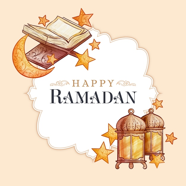 Watercolour happy ramadan and night stars