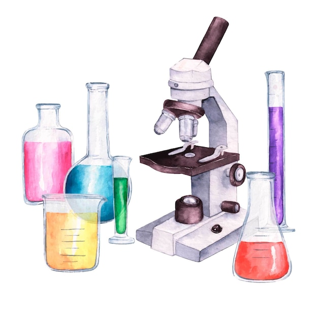 Free vector watercolour microscope and glass containers