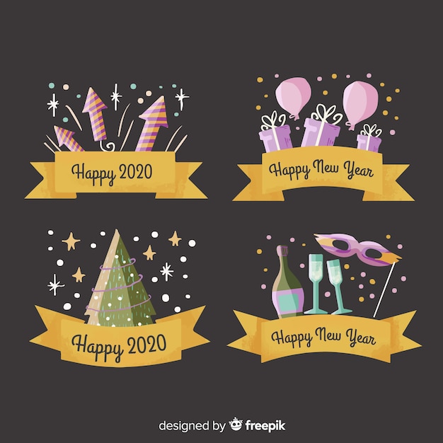 Free vector watercolour new year 2020 label and badge collection with golden ribbon