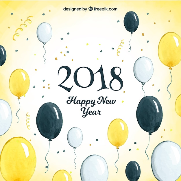 Free vector watercolour new year background with black, white and yellow balloons