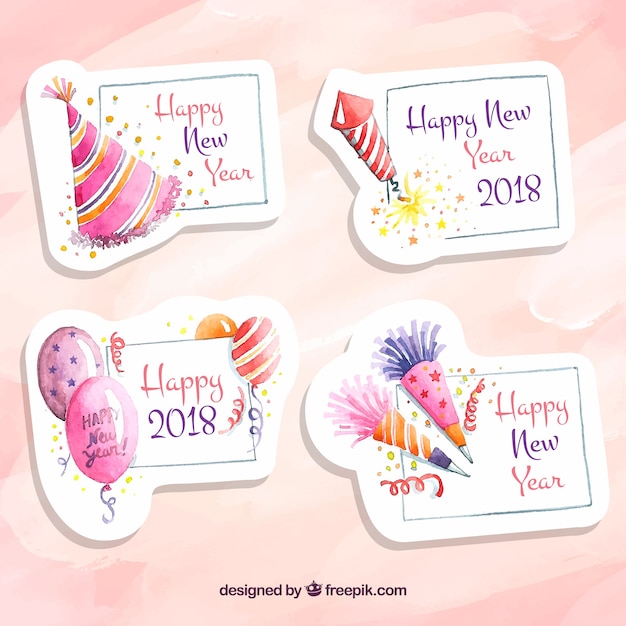 Watercolour pink badges of a new year party
