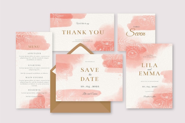 無料ベクター 水彩ピンクの結婚式の文房具の招待状