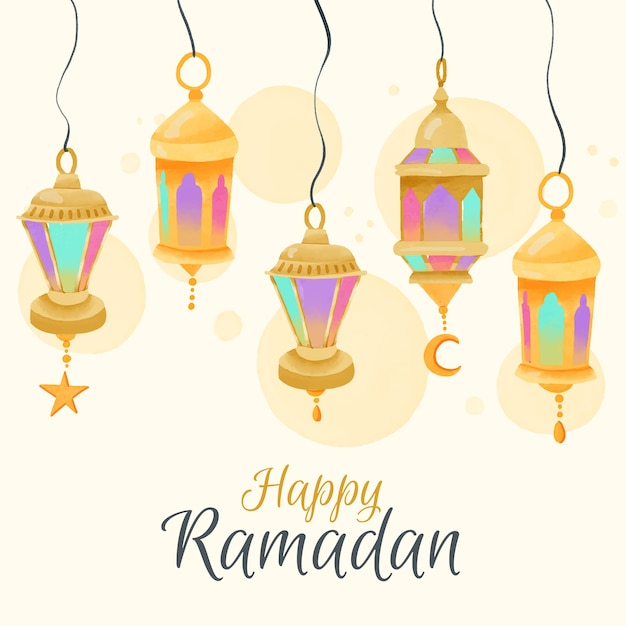Watercolour ramadan with hanging lamps