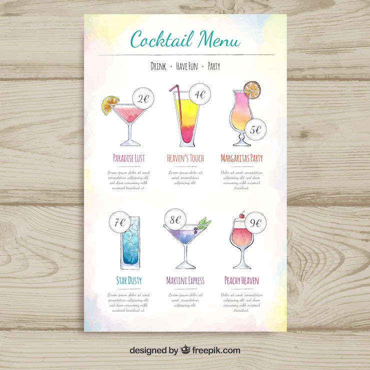 Free Vector watercolour template of cocktails menu