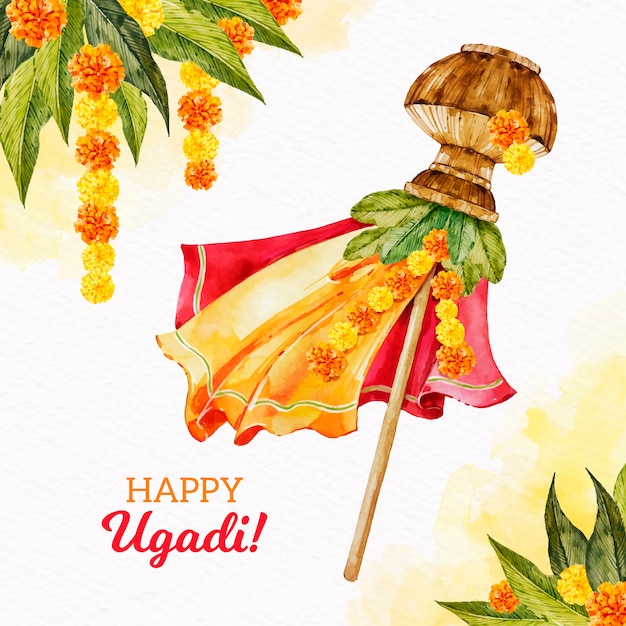 Watercolour ugadi flag with tropical leaves and flowers