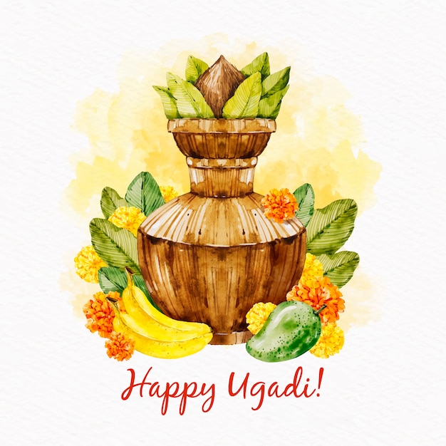 Free vector watercolour ugadi vase with leaves and fruit