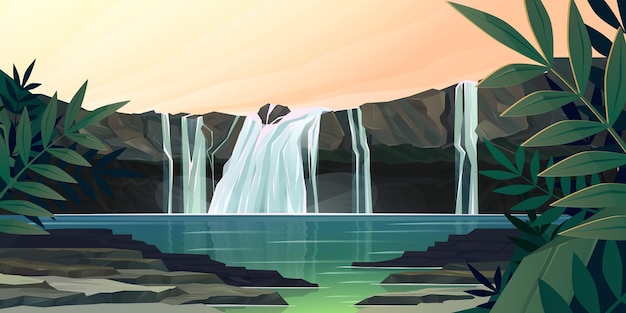Cascata della cascata nel paesaggio del fumetto della foresta della giungla. flusso del fiume che scorre dalle rocce al torrente o al lago con rami di palma intorno. getto d'acqua che cade dalle pietre nel parco selvaggio, illustrazione vettoriale