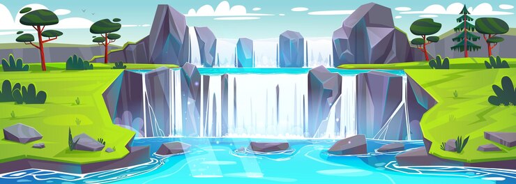 Free Vector waterfall cascade at summer nature landscape