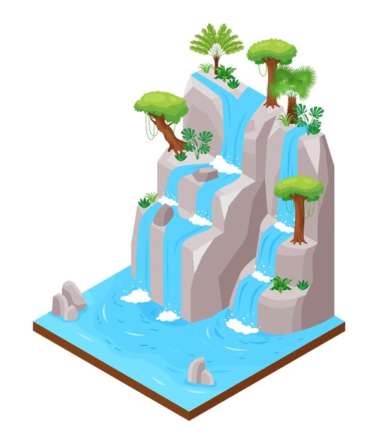 Waterfall concept with national park symbols isometric vector illustration