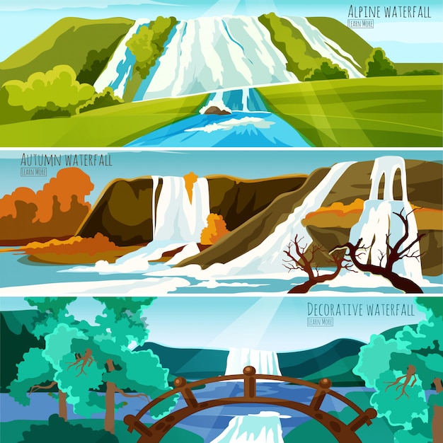 Бесплатное векторное изображение Водопад пейзажи баннеры