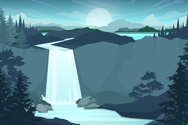 산맥에있는 폭포. 바위와 물. 연못과 호수. 자연 풍경. 만화 평면 그림 스타일