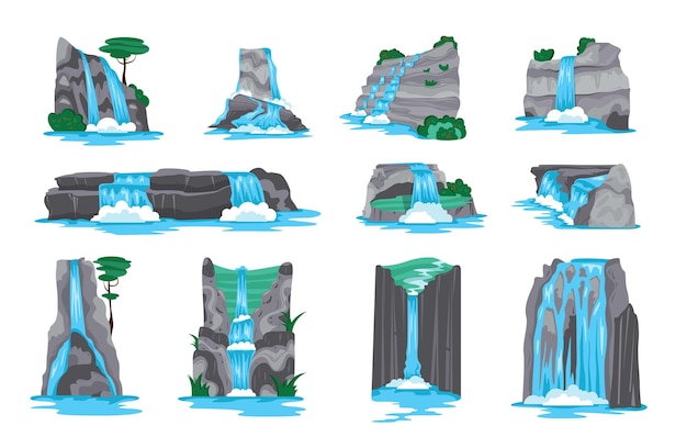 Waterfall in mountains cartoon set of decorative elements for\
video game interface isolated on white background vector\
illustration