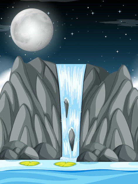 Free vector waterfall at night scene