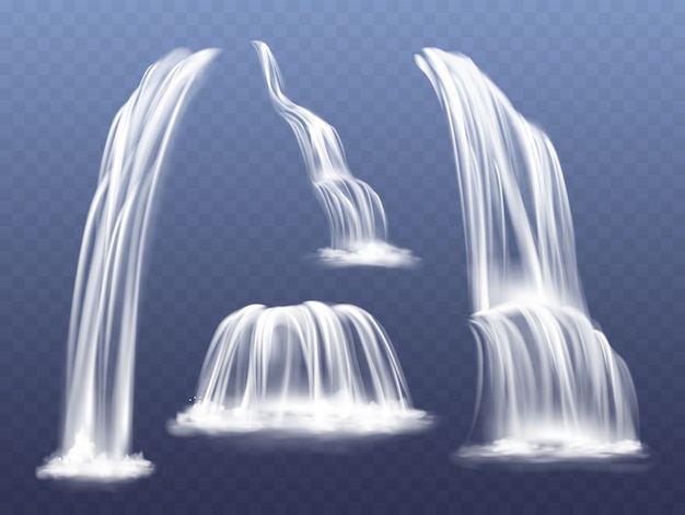 Vettore gratuito illustrazione cascata o cascata d'acqua. insieme realistico isolato dei flussi scorrenti che cadono
