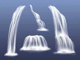 Free vector waterfall or water cascade illustration. isolated realistic set of flowing streams falling