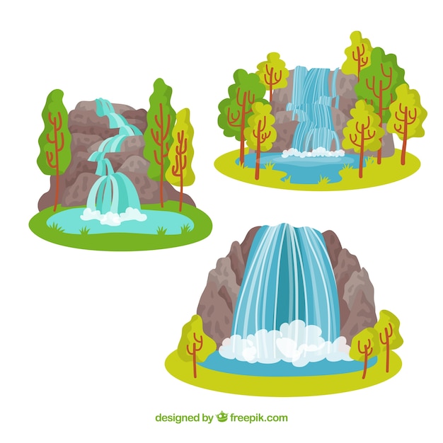 Бесплатное векторное изображение Коллекция водопадов в мультяшном стиле
