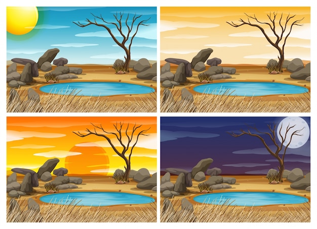 Free vector waterhole sceen at four different times