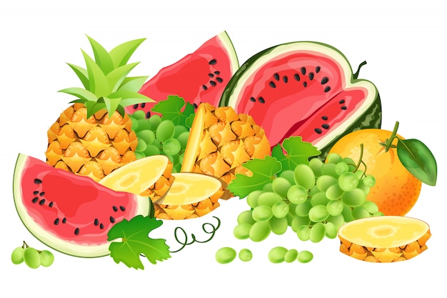 Free vector watermelon, pineapple, orange, grapes and grapes