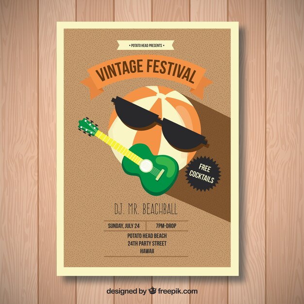 Free vector a watermelon playing guitar, vintage festival