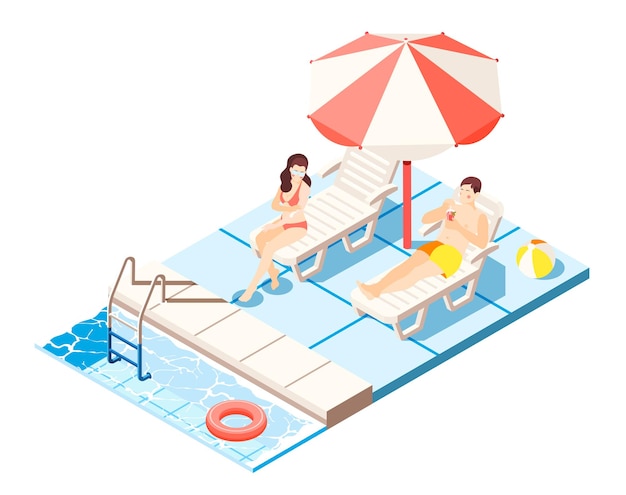 Free vector waterpark isometric composition with swimming pool and chaise lounges symbols illustration