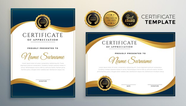 Wave style diploma certificate multipurpose template in premium golden style