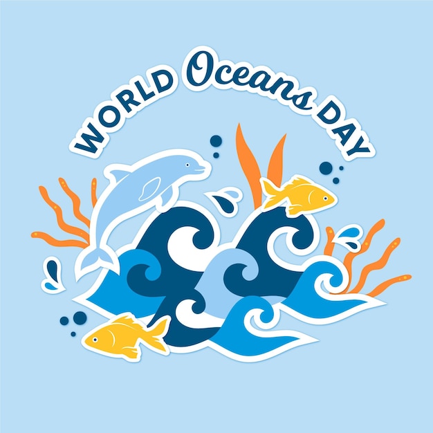 Free vector waves and fish flat world oceans day