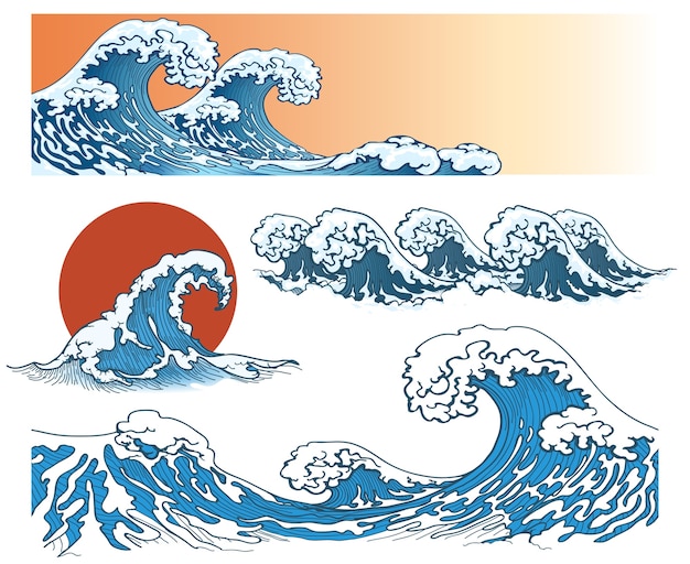 Волны в японском стиле. Морская волна, всплеск океанской волны, штормовая волна. Векторная иллюстрация