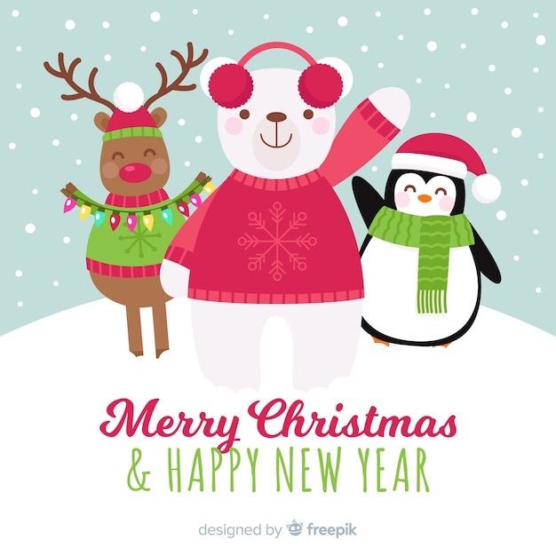 Free vector waving animals christmas background