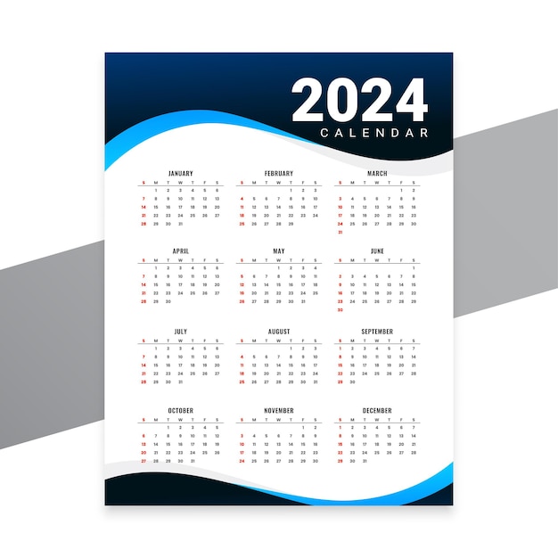 Free vector wavy style 2024 new year calendar layout for event planner vector