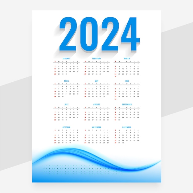 Календарь нового года 2024 года в волнистом стиле в белом и синем векторе цветов