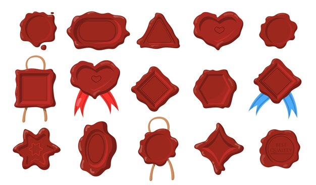 Набор восковых уплотнений. Темно-красные марки разной формы, сердце, прямоугольник, круг, шестиугольник, треугольник в античном стиле.
