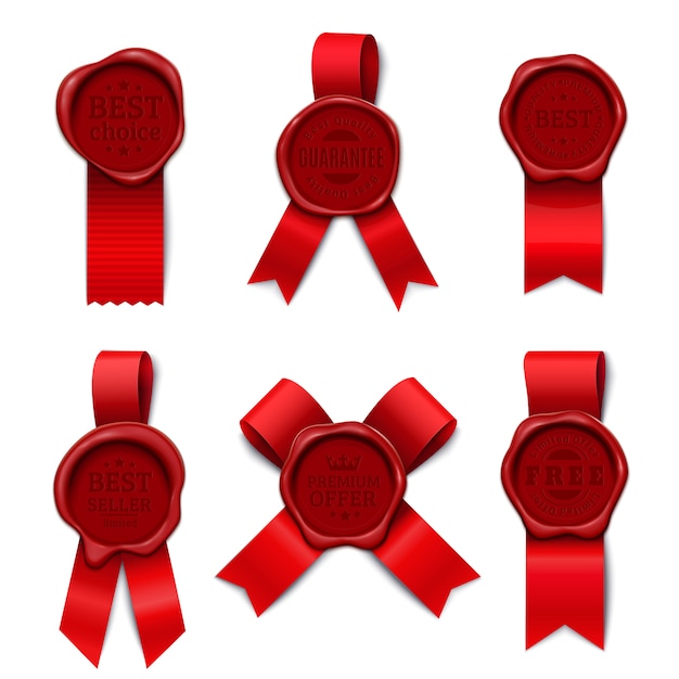 Бесплатное векторное изображение Рекламный продукт с восковой печатью с шестью изолированными изображениями с различными формами красной ленты и печатью