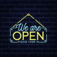 Free vector we are open come in blue and yellow neon lights