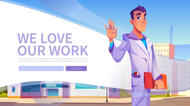 Adoriamo il nostro banner web di cartoni animati di lavoro con il medico