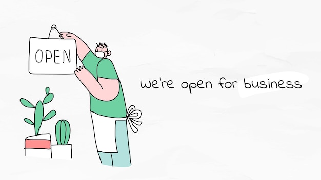 Siamo aperti per il nuovo poster di doodle di stile di vita normale di affari