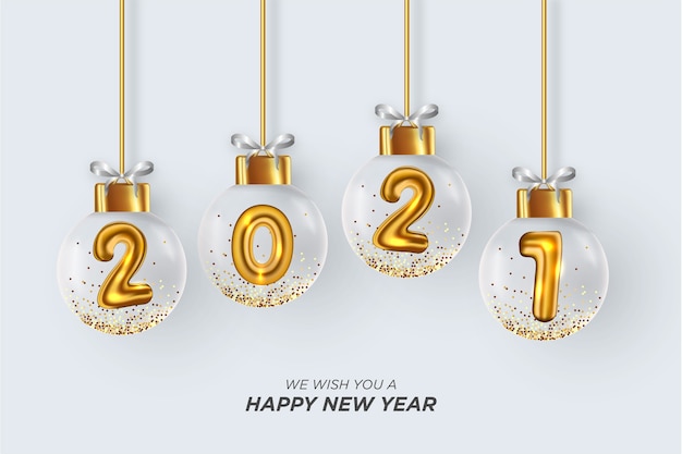 We wish you a happy new year card with realistic christmas balls white background