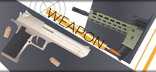 Free vector weapon war composition with collage of realistic gun images with ammunition round target and editable text vector illustration