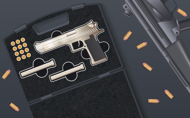 Free vector weapon war realistic composition with close view of pistol and ammo in case with random bullets vector illustration