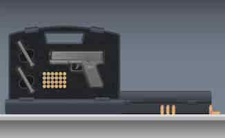 Бесплатное векторное изображение Военное оружие реалистичная композиция с изолированным видом открытого жесткого корпуса с пистолетом и боеприпасами круглый векторный иллюстрация