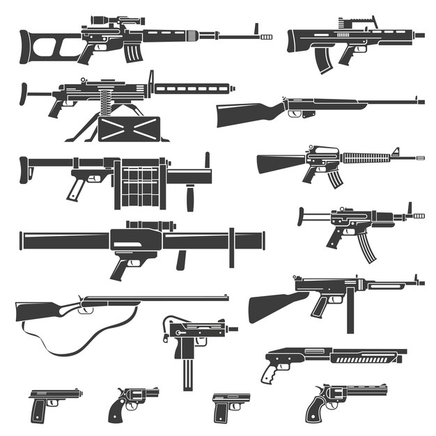 Монохромный набор оружия и пистолетов