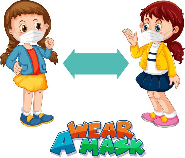 Wear A Mask font in cartoon style with two kids keeping social distance isolated on white background