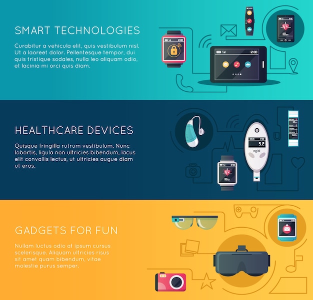 Free vector wearable technology gadgets banners set with augmented reality glasses and fitness