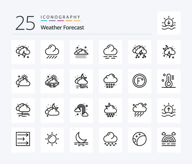 Weather 25 Line icon pack including moon cloud warm light rain